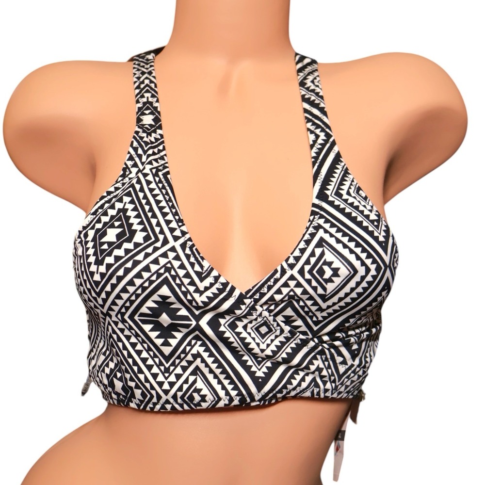Sundazed NWT Black White Geometric Mesh Racerback Wrap Plunge Bikini Top XL Boho